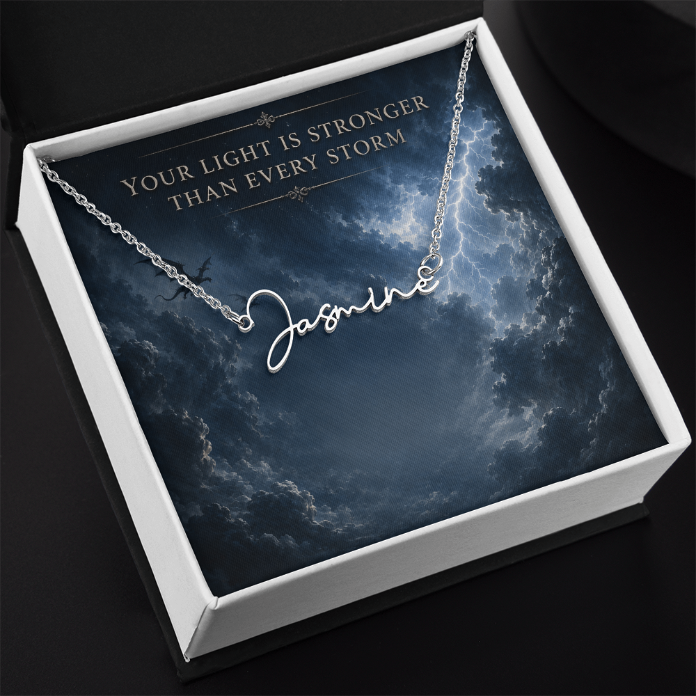 Your Light Is Stronger Decorative Card And Custom Name Polished Stainless Steel Necklace With Box Book Lover Gift Font 2