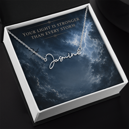 Your Light Is Stronger Decorative Card And Custom Name Polished Stainless Steel Necklace With Box Book Lover Gift Font 2