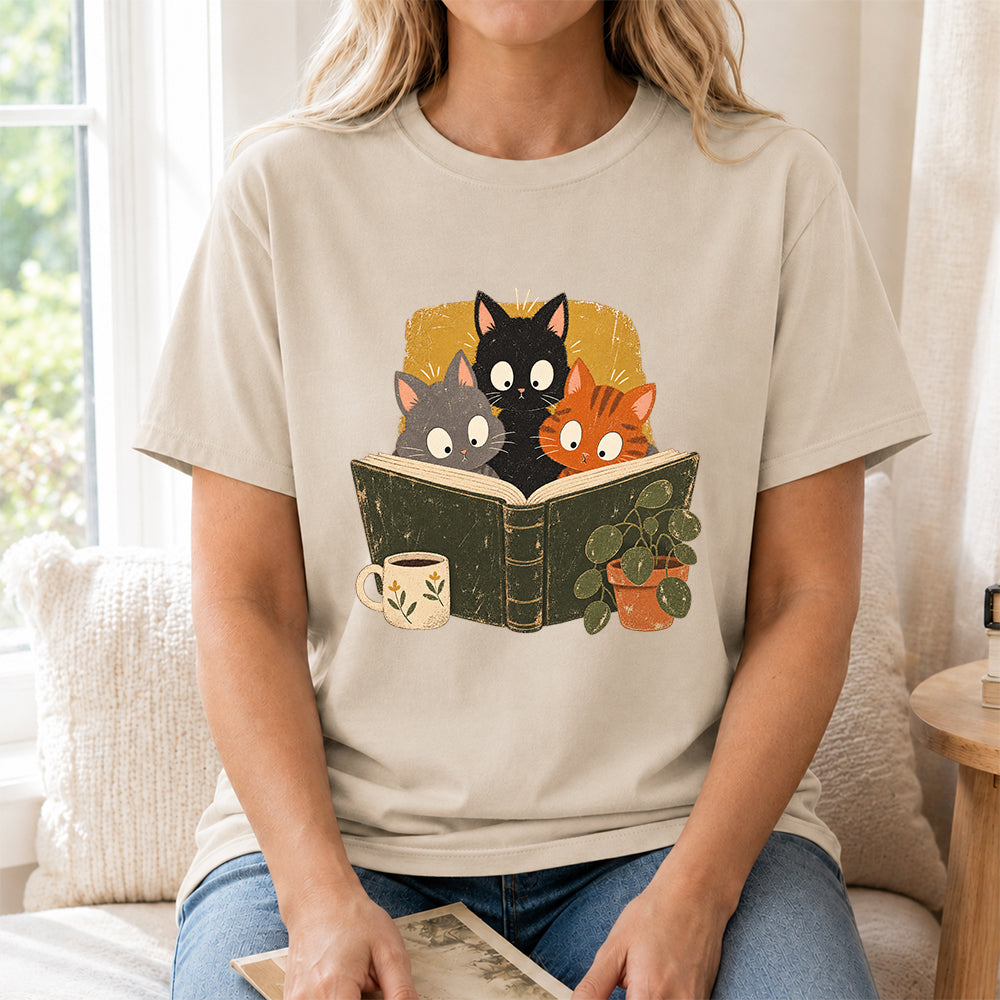 Minimal Japanese Cats Reading Softstyle T-Shirt | Book Lover Gift Sand