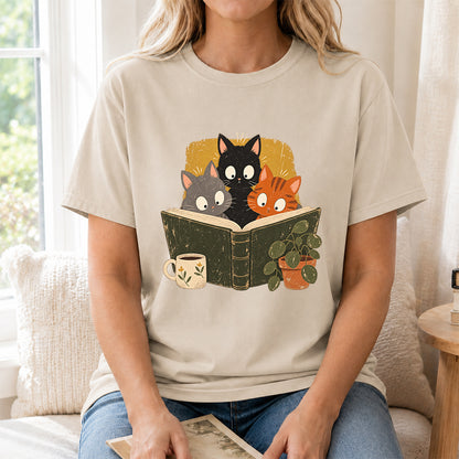 Minimal Japanese Cats Reading Softstyle T-Shirt | Book Lover Gift Sand
