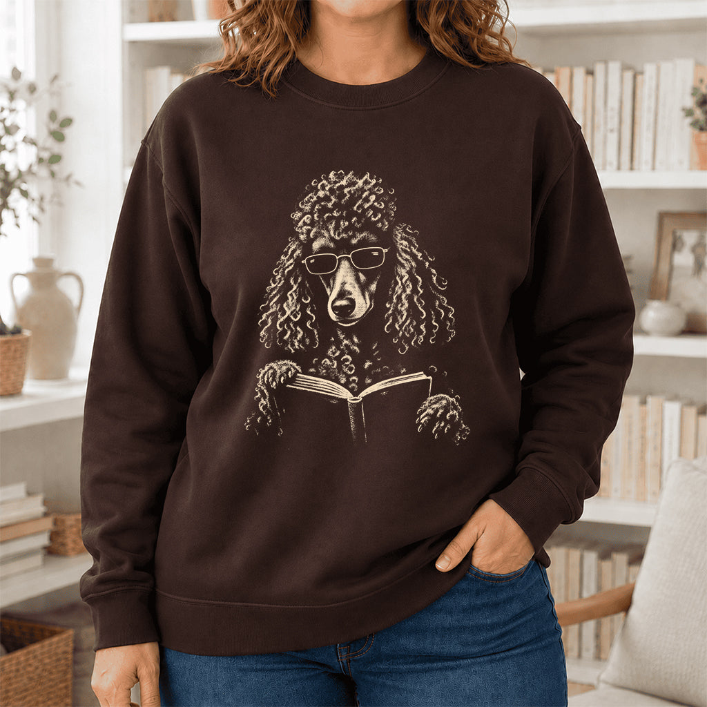 Poodle Reading Book Crewneck Sweatshirt | Reader Gift Dark Chocolate