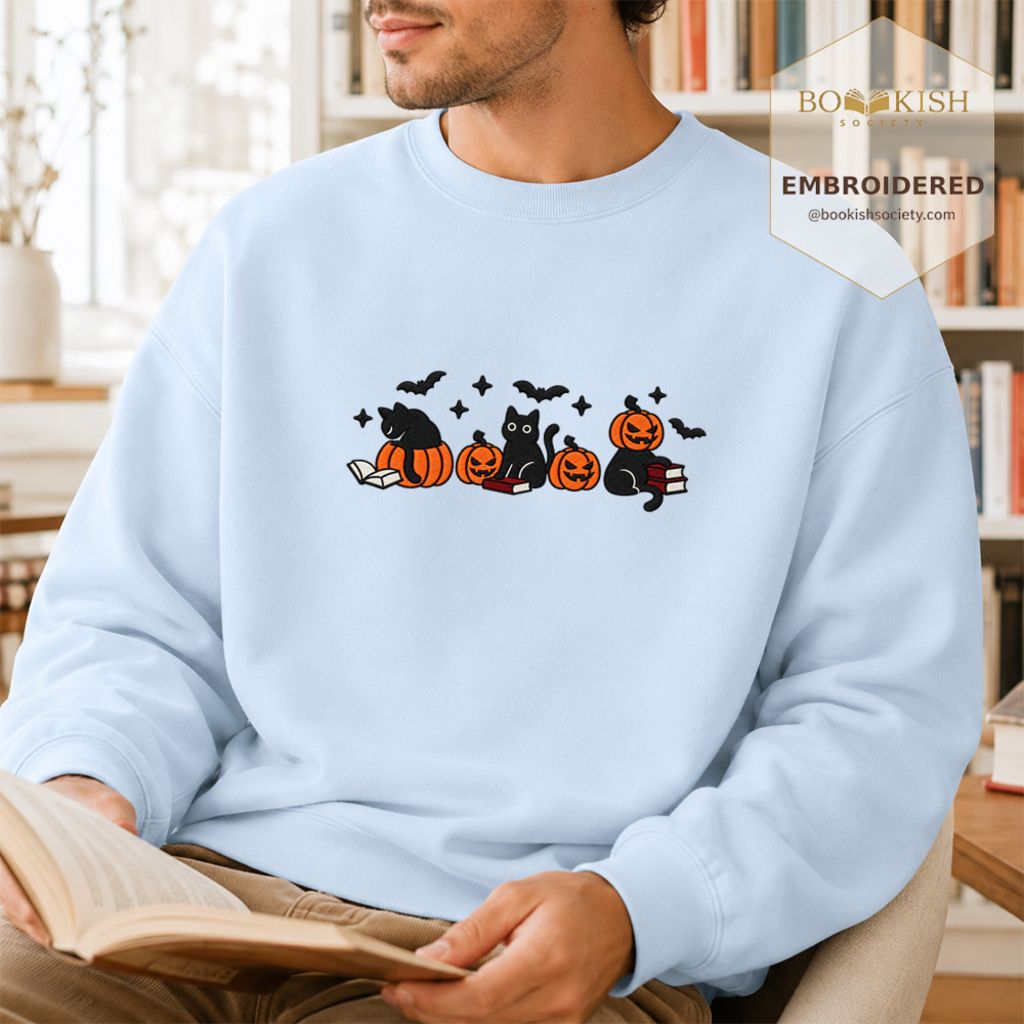 Black Cats And Halloween Embroidered Sweatshirt | Spooky Book Lover Gift Light Blue