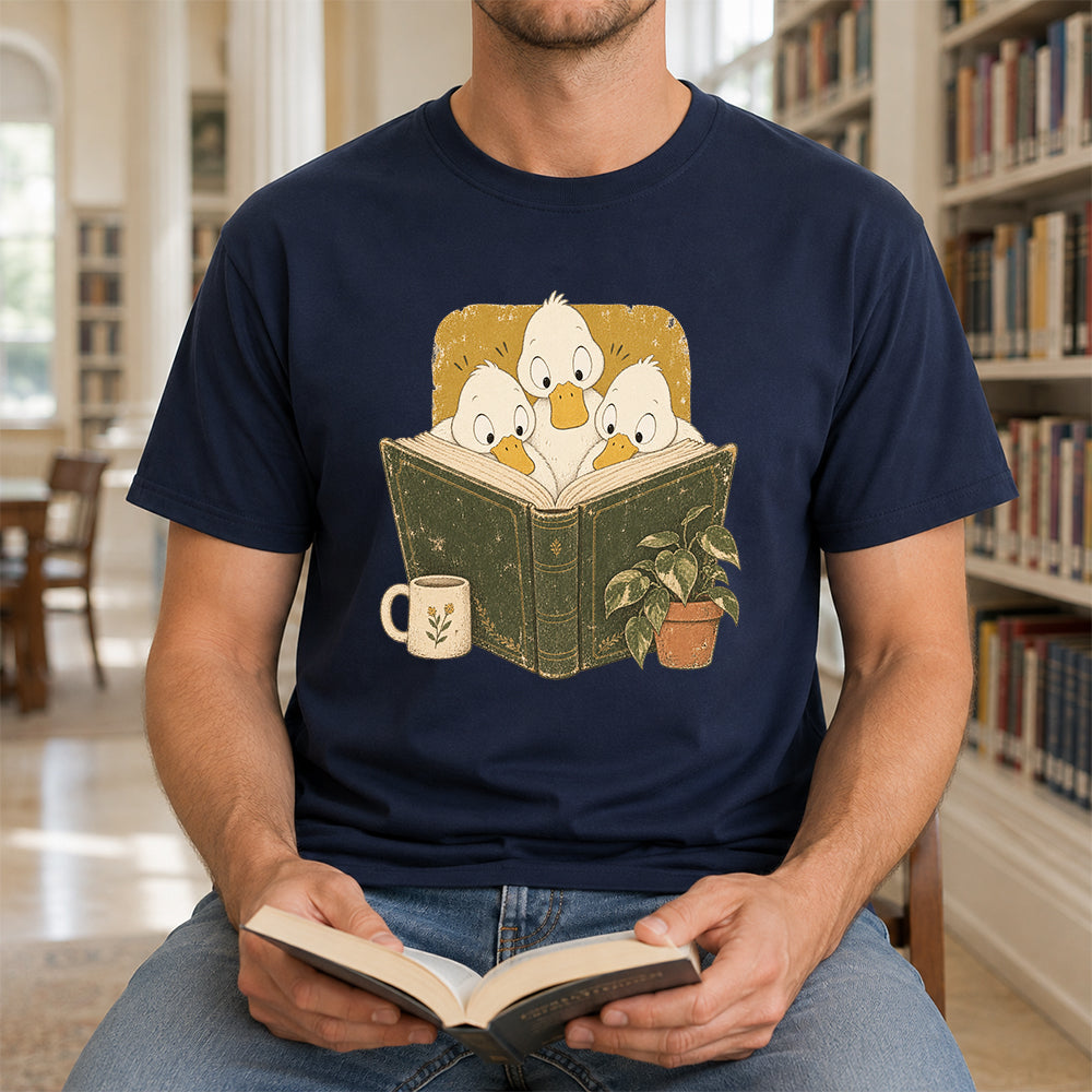 Minimal Japanese Ducks Reading Softstyle T-Shirt | Book Lover Gift Navy