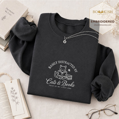 Easily Distracted By Cats And Books V2 Embroidered Sweatshirt | Reader Gift Dark Heather