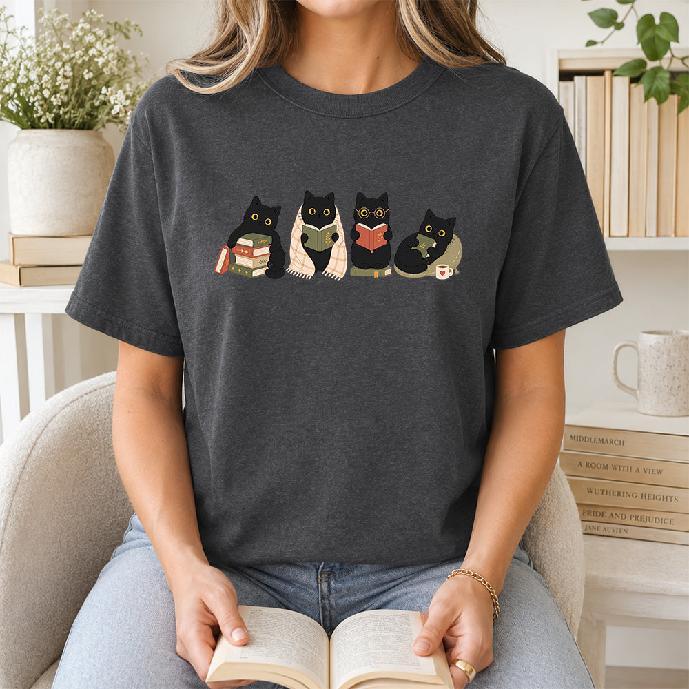 Black Cats Reading Softstyle T-Shirt | Book Lover Gift Dark Heather