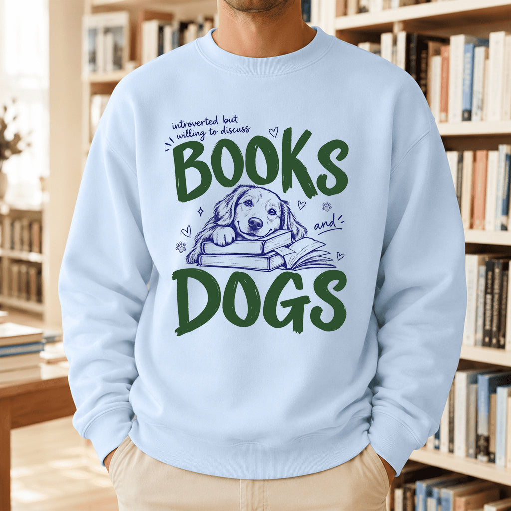 Introverted But Willing To Discuss Books And Dogs Crewneck Sweatshirt | Dog Lover & Reader Gift Light Blue