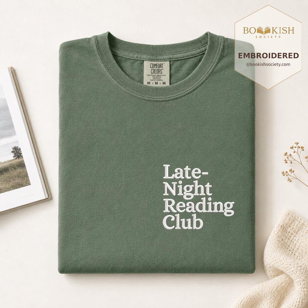 Late Night Reading Club Embroidered Comfort Color® T-shirt | Book Lover Gift Moss