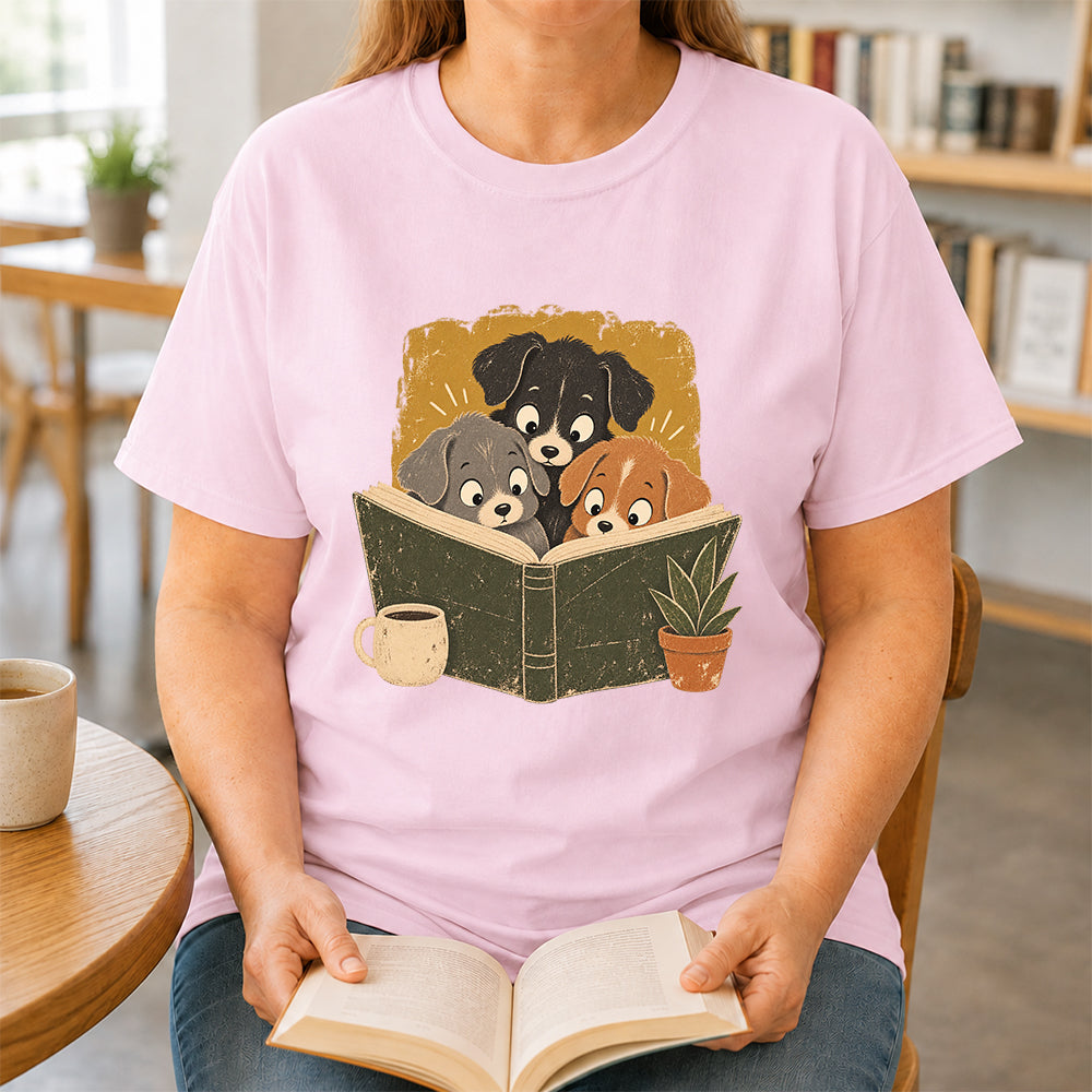 Minimal Japanese Dogs Reading Softstyle T-Shirt | Book Lover Gift Light Pink