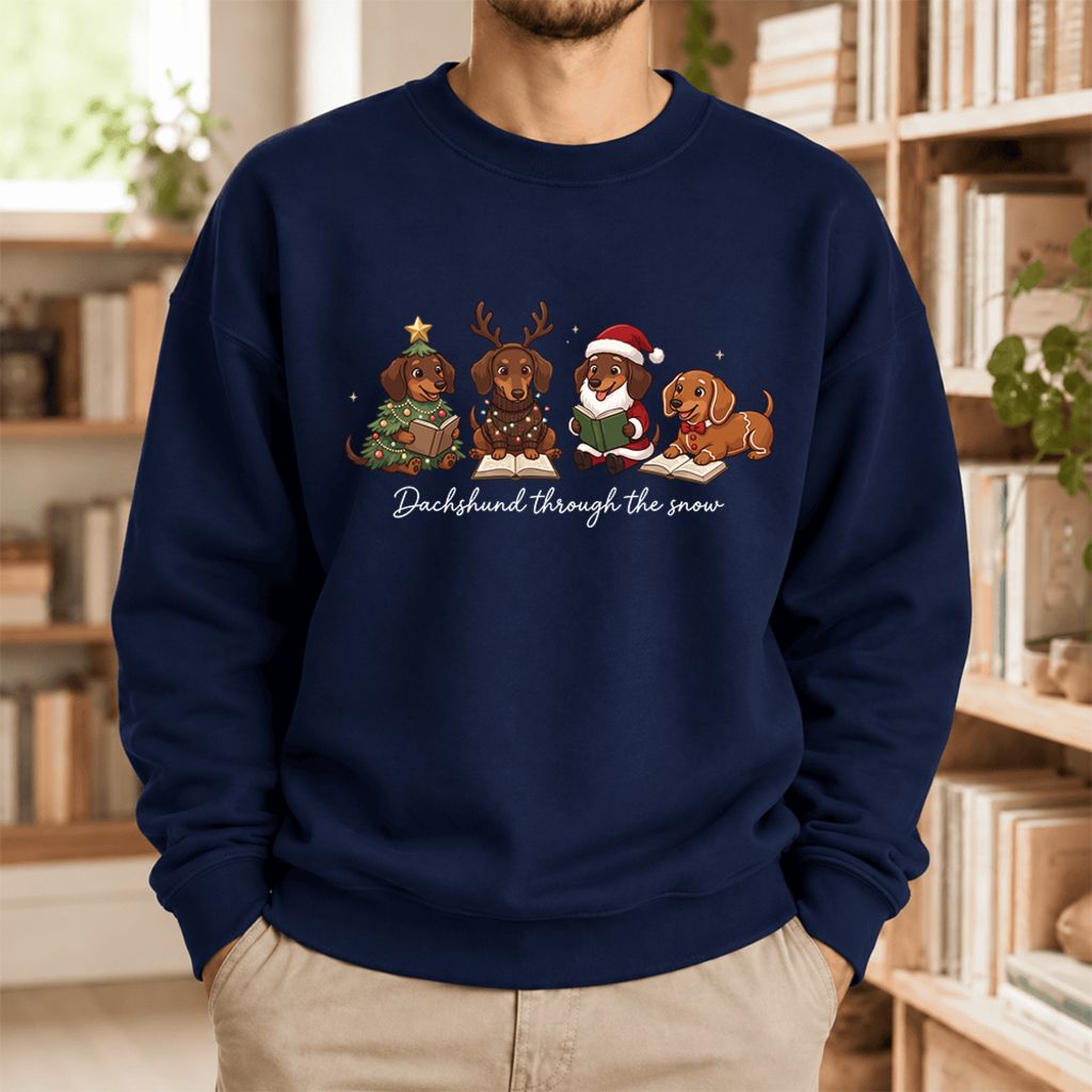 Dachshund Through The Snow Softstyle Sweatshirt | Christmas Book Lover Gift Navy