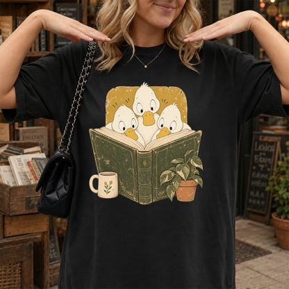 Minimal Japanese Ducks Reading Softstyle T-Shirt | Book Lover Gift Black