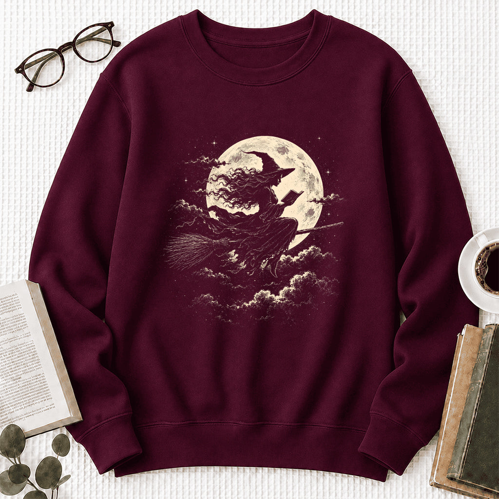 Reading Witch On The Flying Broom Printed Sweatshirt | Halloween Reader Gift Maroon
