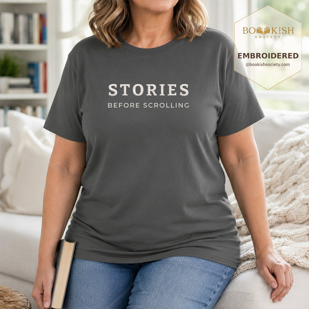 Embroidered Stories Before Scrolling Comfort Color® T-shirt Book Lover Gift Pepper