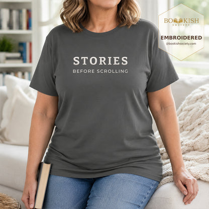 Embroidered Stories Before Scrolling Comfort Color® T-shirt Book Lover Gift Pepper