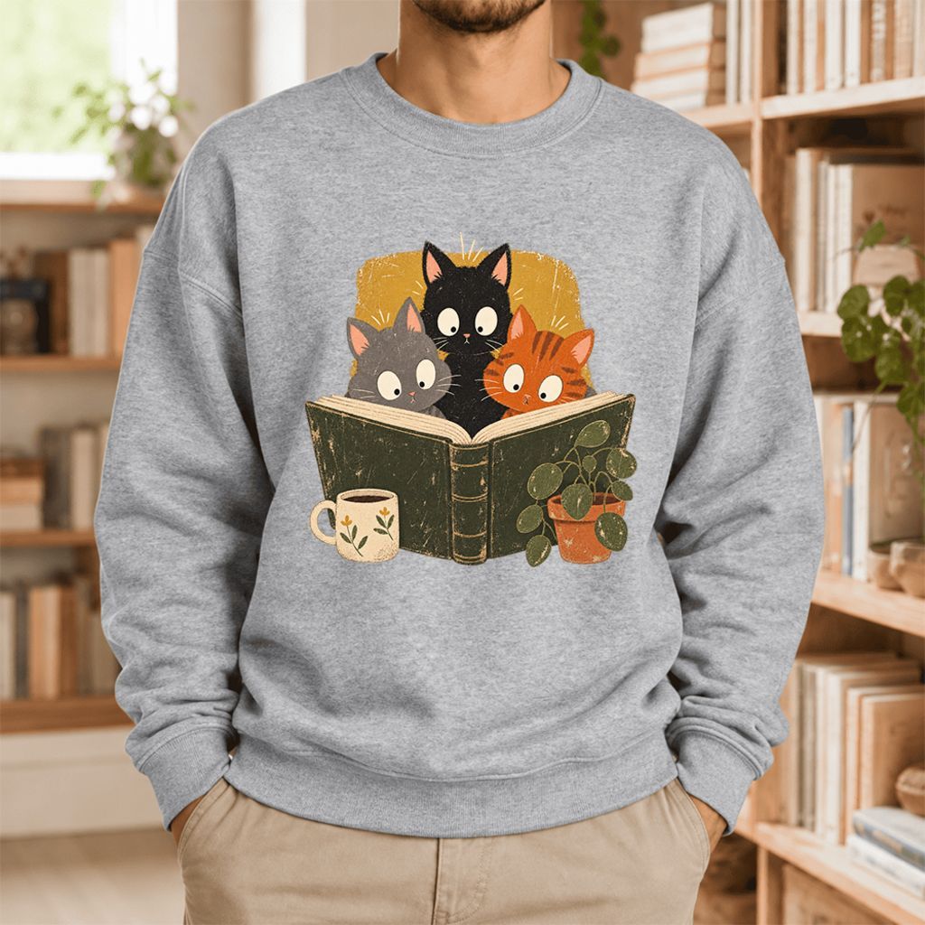 Curious Reading Cats Softstyle Sweatshirt | Cozy Book Lover Gift Sport Grey
