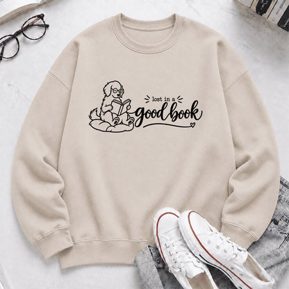 Lost In A Good Book Crewneck Sweatshirt | Dog Lover & Reader Gift Sand