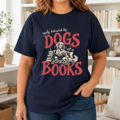 Easily Distracted By Dogs And Books Softstyle T-Shirt | Book Lover Gift Navy