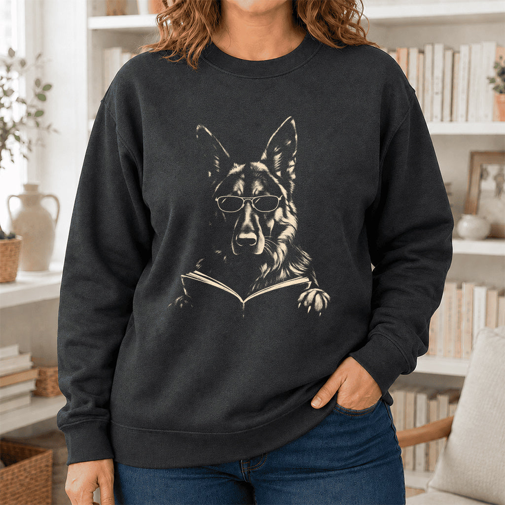 German Shepherd Reading Book Crewneck Sweatshirt | Reader Gift Dark Heather