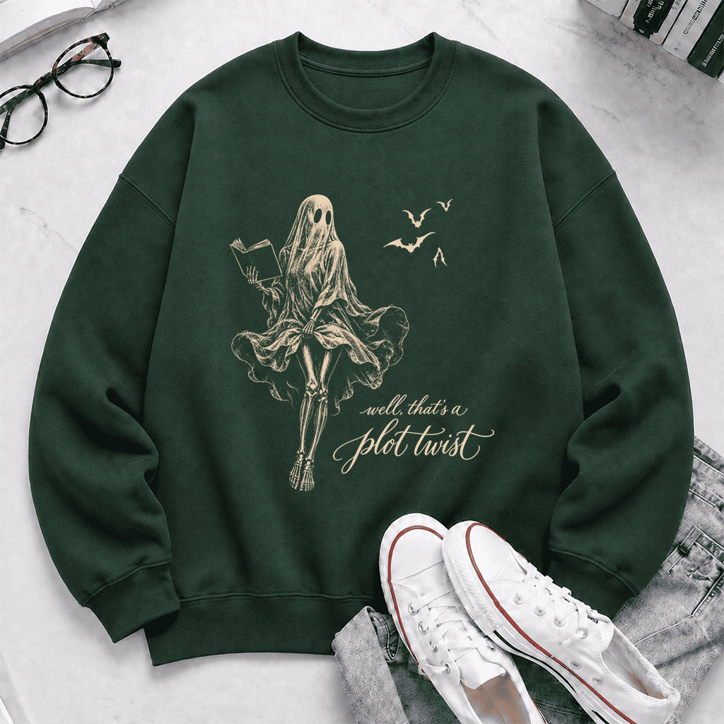 Funny Dress-Wearing Bookworm Ghost Printed Sweatshirt | Halloween Reader Gift Forest Green