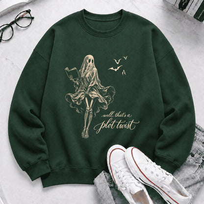 Funny Dress-Wearing Bookworm Ghost Printed Sweatshirt | Halloween Reader Gift Forest Green