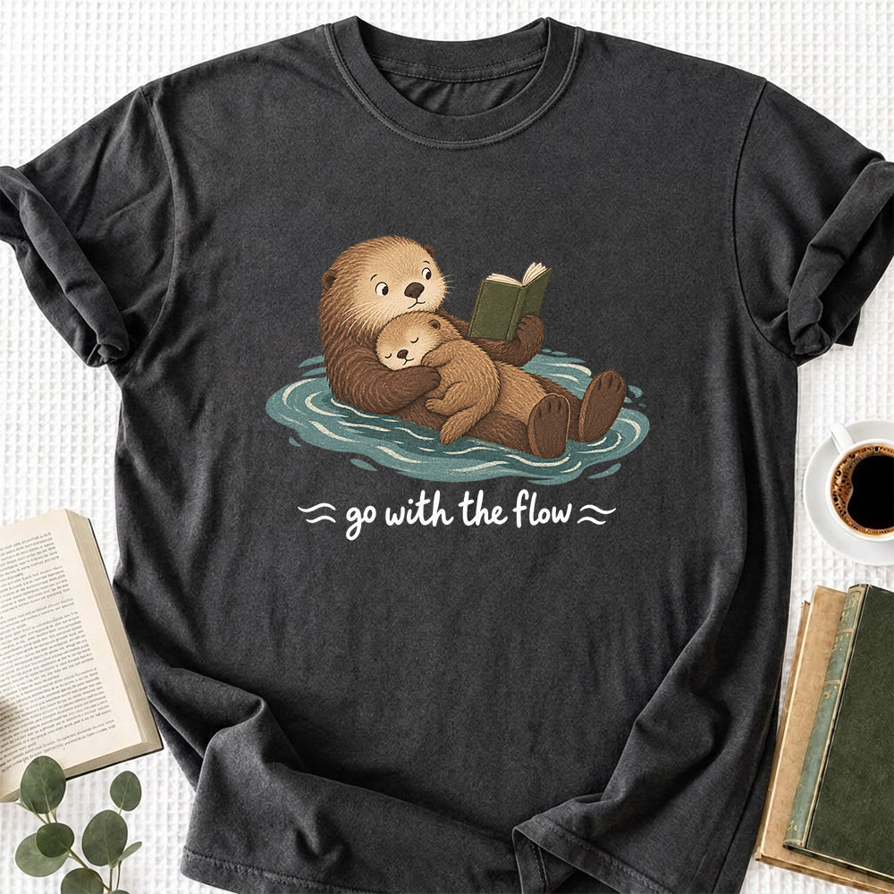 Go With The Flow Otter Reading Softstyle T-Shirt | Book Lover Gift Dark Heather