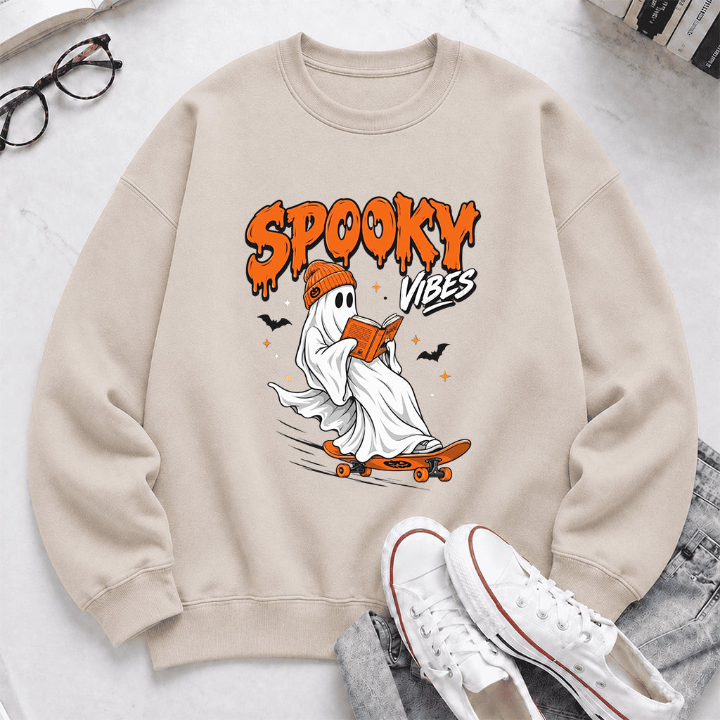 Spooky Vibes Printed Sweatshirt | Halloween Reader Gift Sand