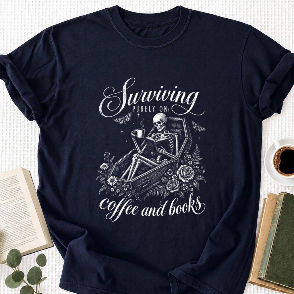 Surviving Purely On Coffee And Books Printed T-Shirt | Halloween Book Lover Gift Navy