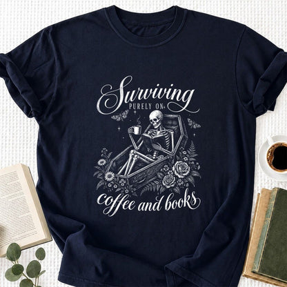 Surviving Purely On Coffee And Books Printed T-Shirt | Halloween Book Lover Gift Navy