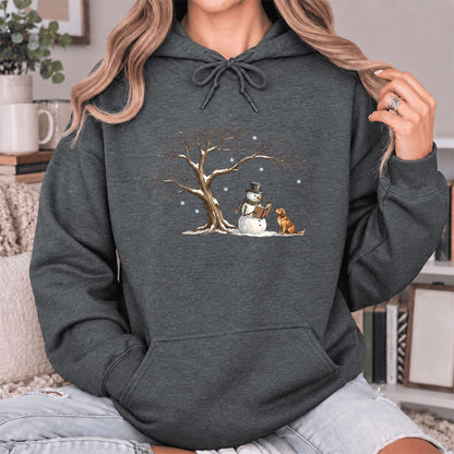 Golden Retriever And Snowman Under Tree Softstyle Hoodie | Christmas Reader Gift Dark Heather