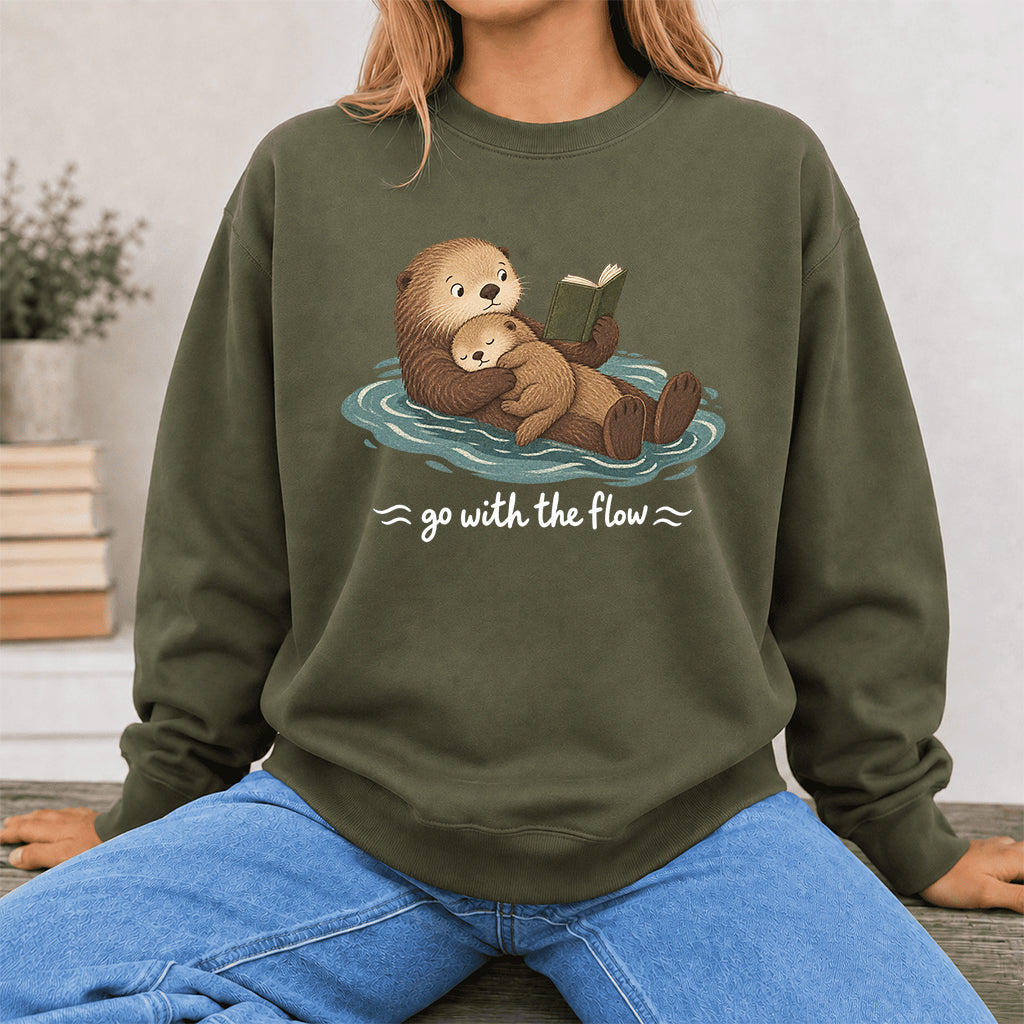 Go With The Flow Otter Reading Crewneck Sweatshirt | Reader Gift Military Green