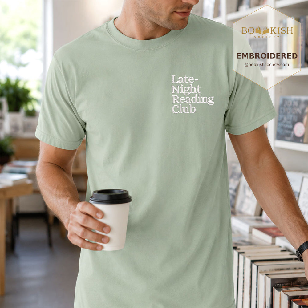 Late Night Reading Club Embroidered Comfort Color® T-shirt | Book Lover Gift Bay