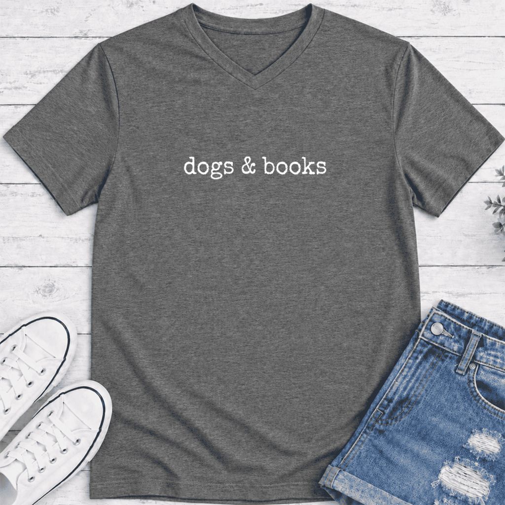 Dogs & Books Ultra-Soft V-Neck | Dog Lover & Reader Gift Deep Heather