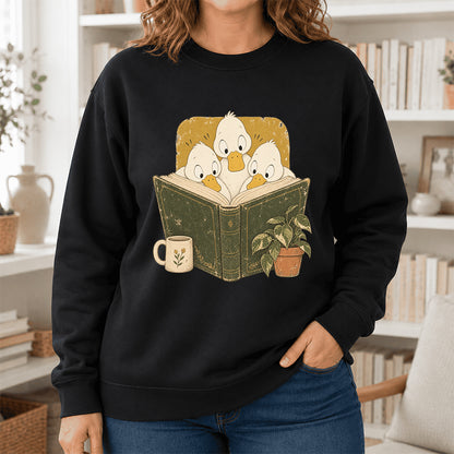 Minimal Japanese Ducks Reading Crewneck Sweatshirt | Reader Gift Black