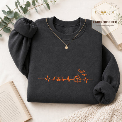 Reading Heartbeat Embroidered Sweatshirt | Spooky Halloween Book Lover Gift Dark Heather