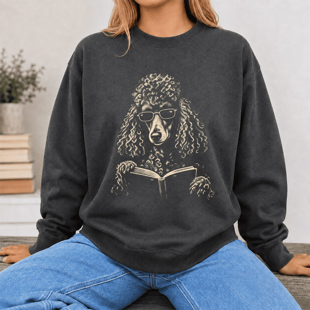 Poodle Reading Book Crewneck Sweatshirt | Reader Gift Dark Heather