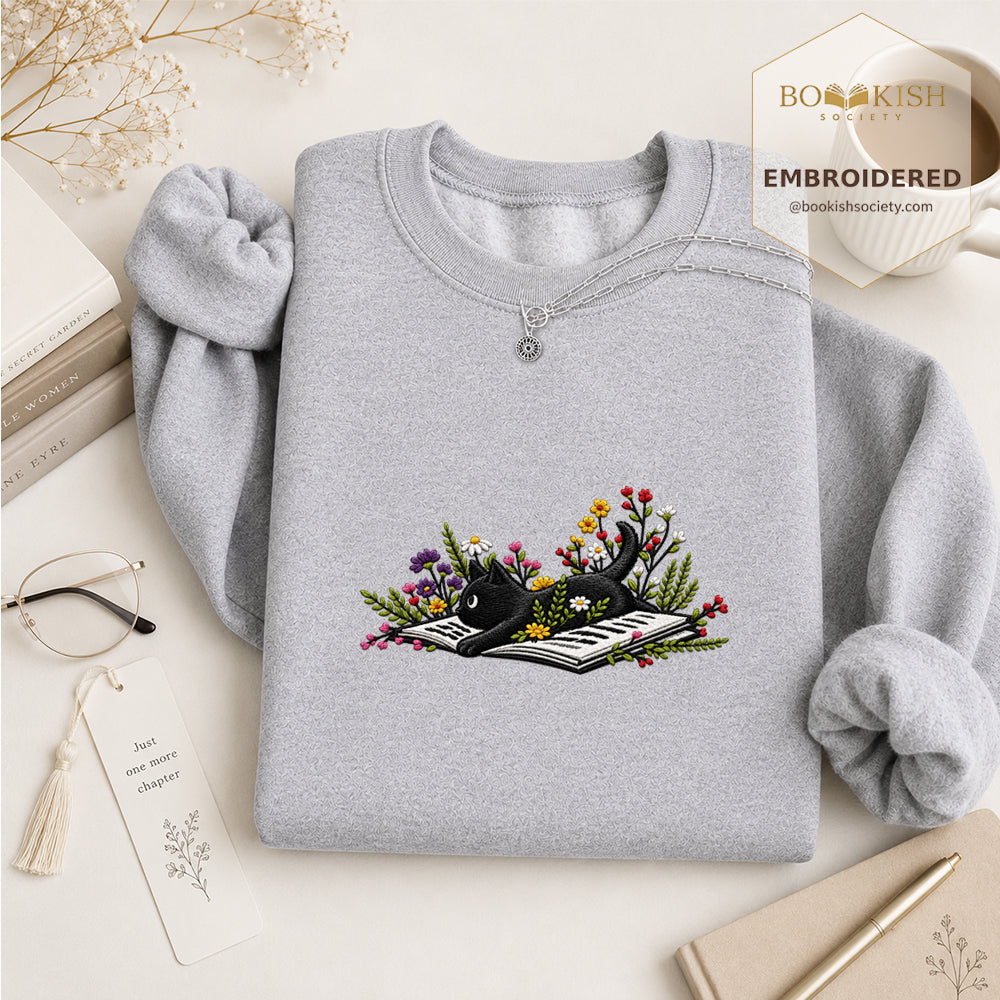 Cat and Book Embroidered Sweatshirt | Reader Gift Sport Grey