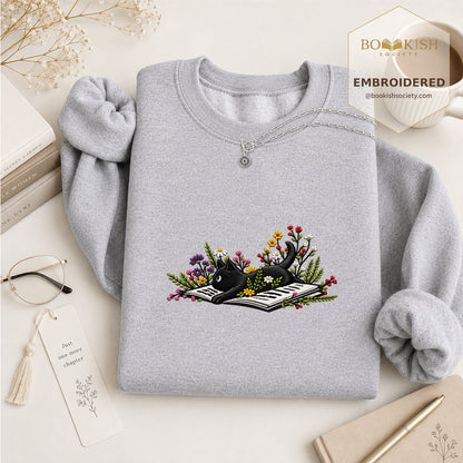 Cat and Book Embroidered Sweatshirt | Reader Gift Sport Grey