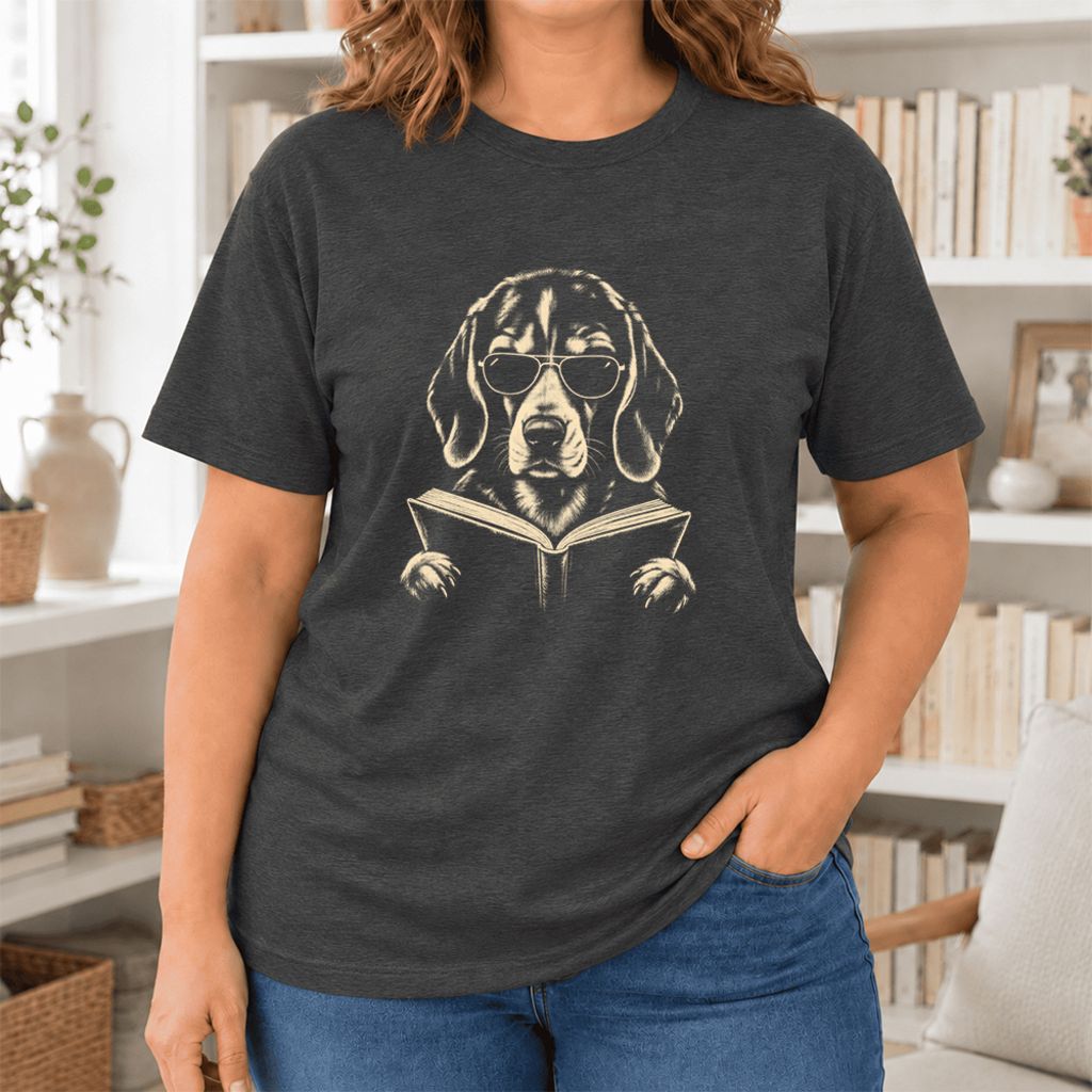 Beagle Reading Book Ultra-Soft Cotton T-Shirt | Beagle Lover Gift Dark Grey Heather