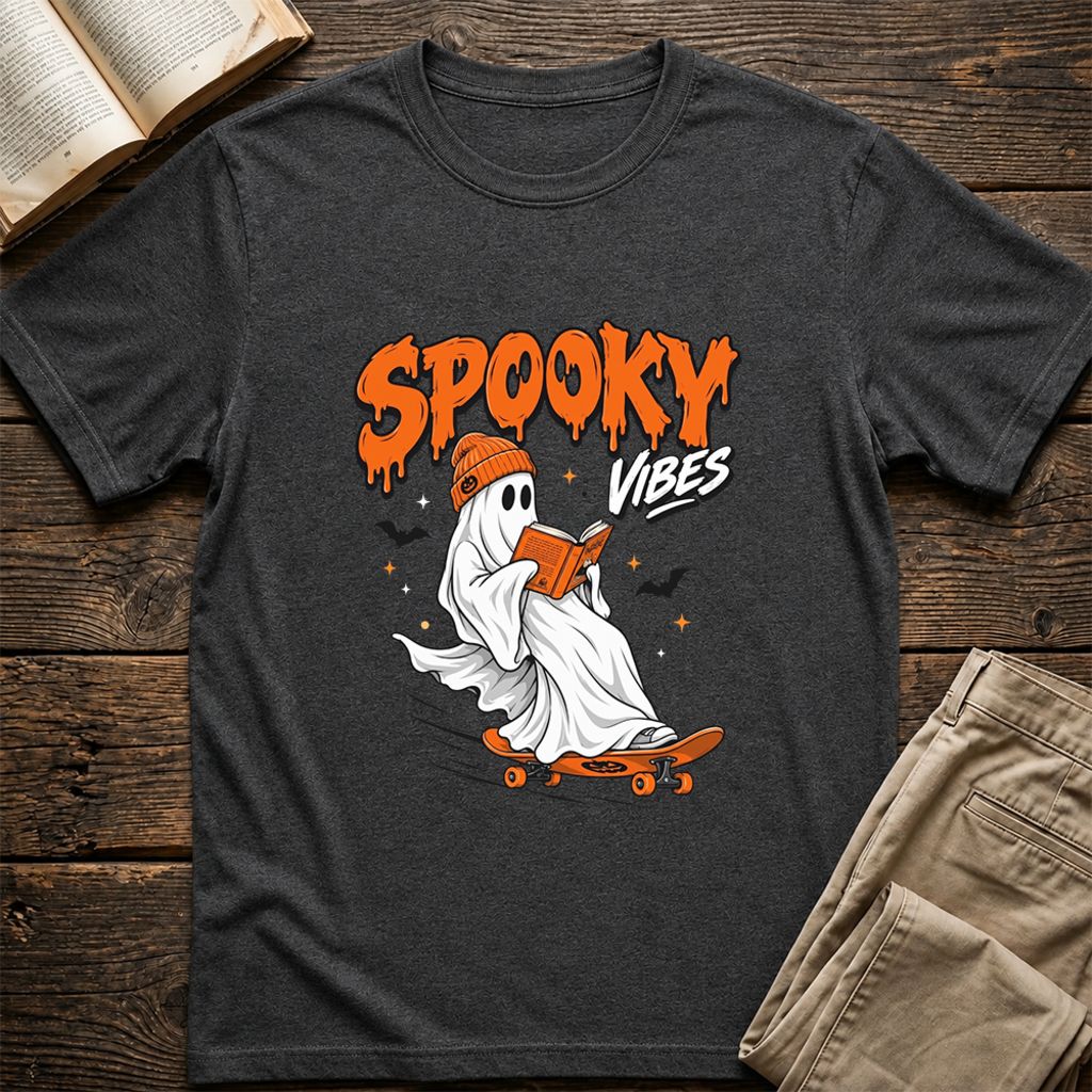 Spooky Vibes Printed T-Shirt | Halloween Book Lover Gift Dark Heather