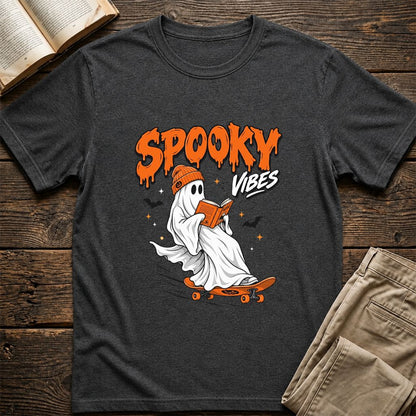 Spooky Vibes Printed T-Shirt | Halloween Book Lover Gift Dark Heather