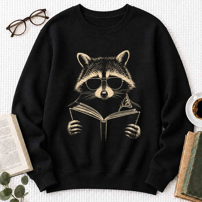 Raccoon Reading Book Crewneck Sweatshirt | Reader Gift Black