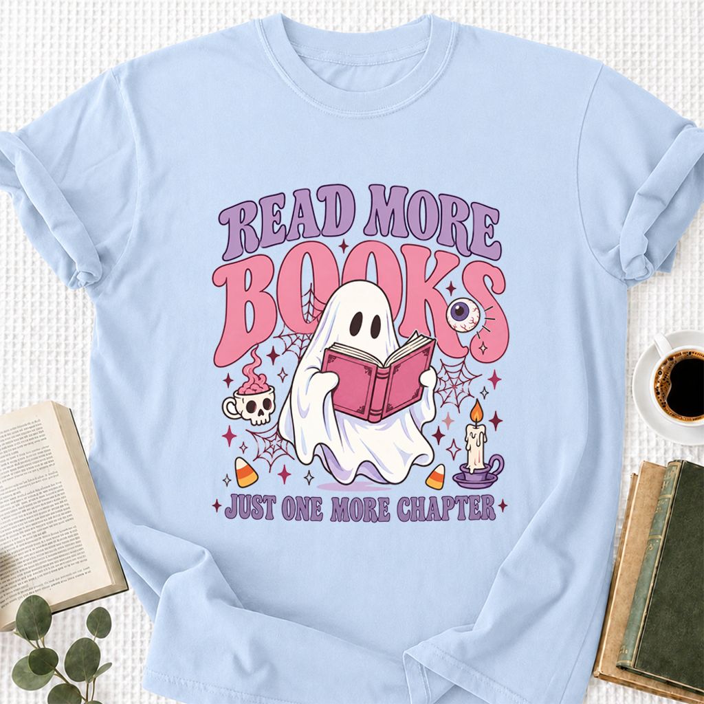 Read More Books Ghost Printed T-Shirt | Halloween Book Lover Gift Light Blue