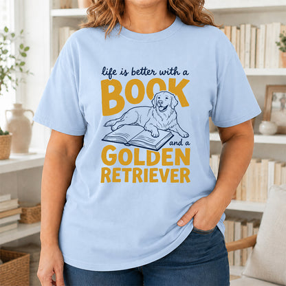 Life Is Better With A Book And A Golden Retriever Softstyle T-Shirt | Book Lover Gift Light Blue