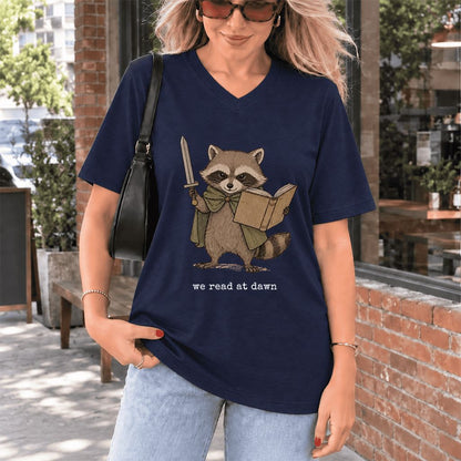 We Read At Dawn Funny Racoon Ultra-Soft V-Neck | Cozy Book Lover Gift Navy