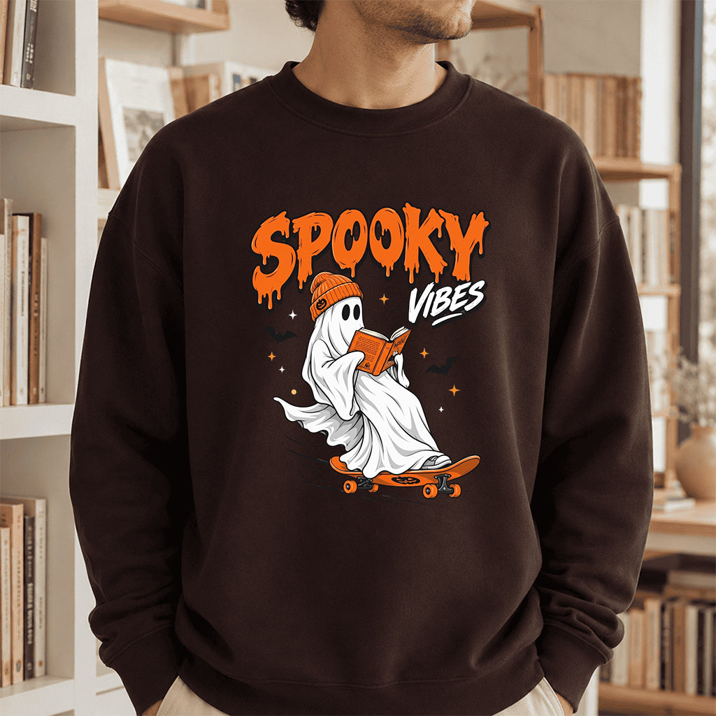 Spooky Vibes Printed Sweatshirt | Halloween Reader Gift Dark Chocolate