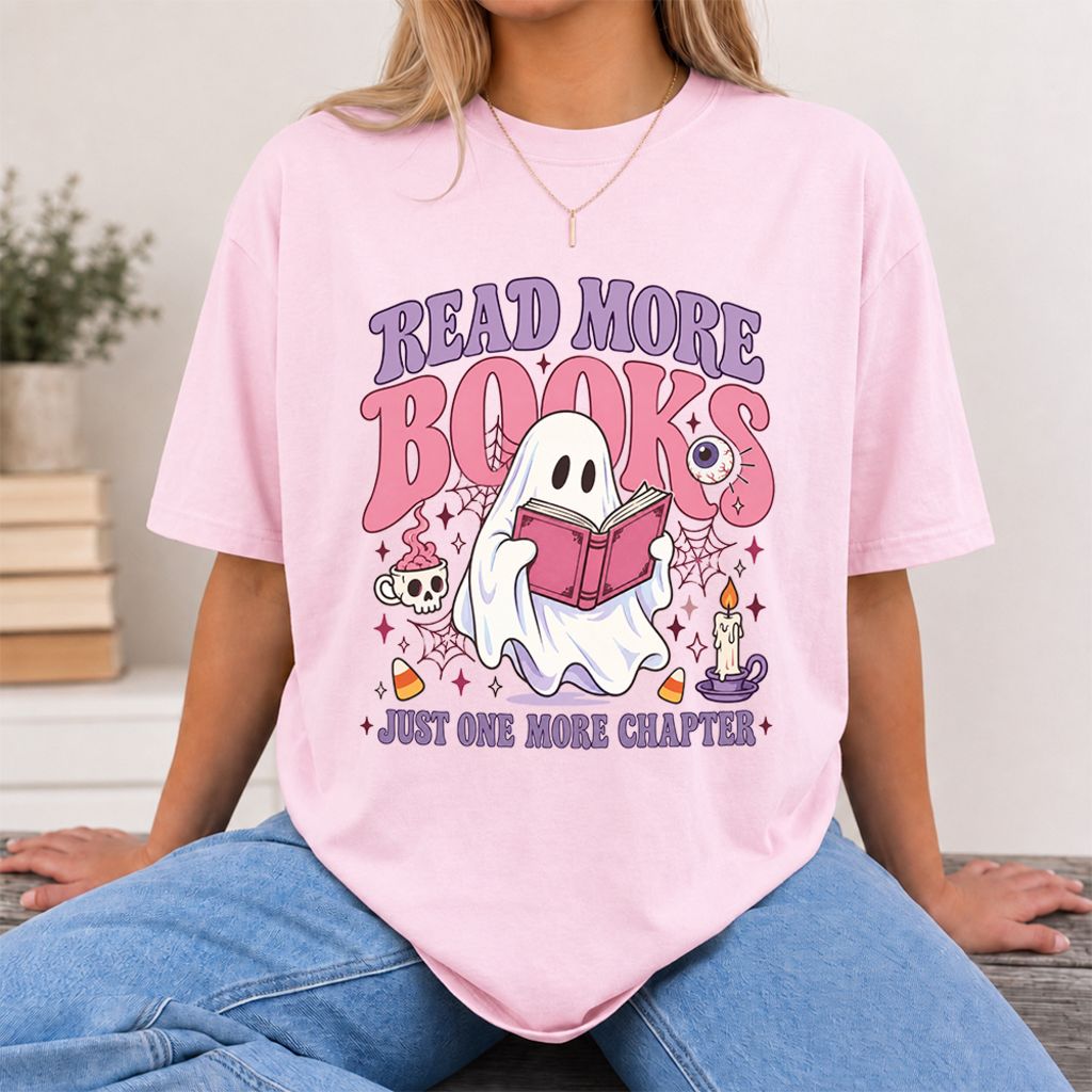 Read More Books Ghost Printed T-Shirt | Halloween Book Lover Gift Light Pink