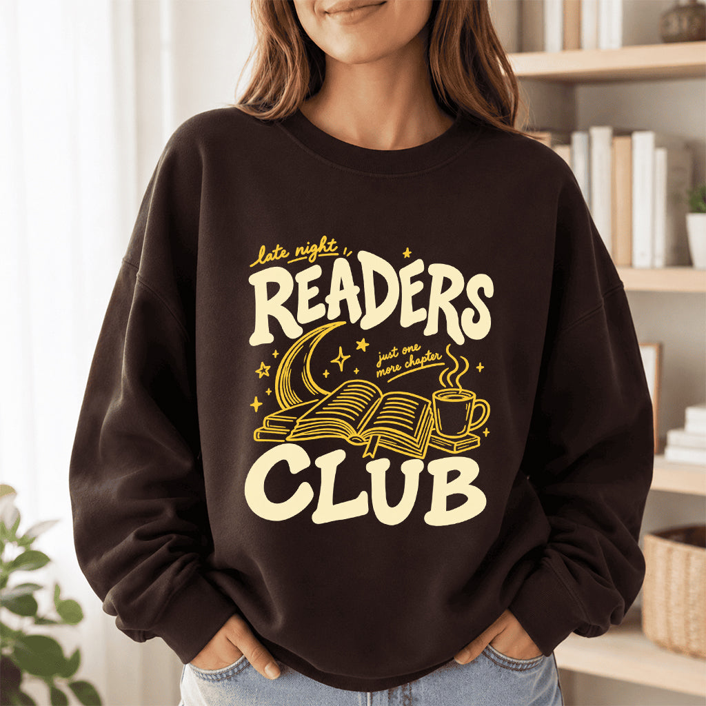 Late Night Readers Club Crewneck Sweatshirt | Reader Gift Dark Chocolate