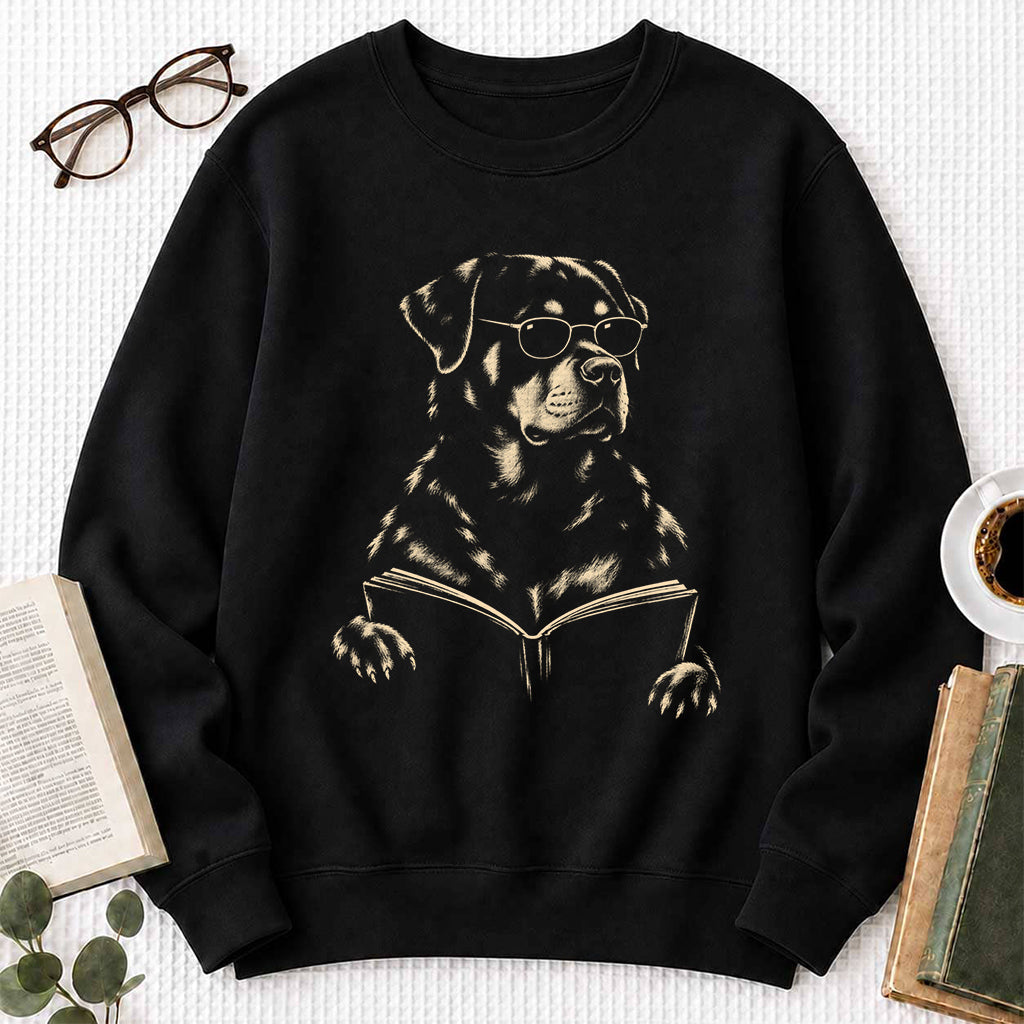 Rottweiler Reading Book Crewneck Sweatshirt | Reader Gift Black