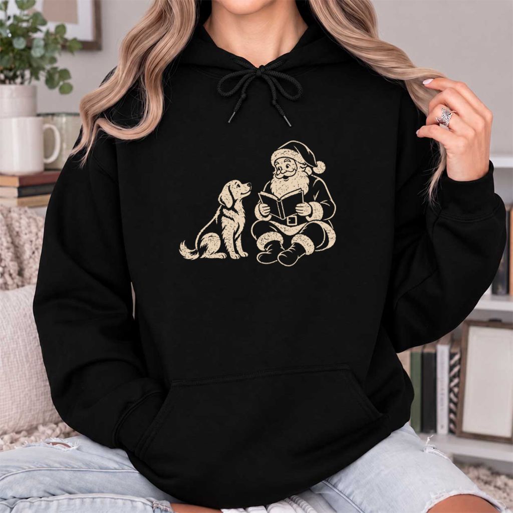 Funny Dog With Santa Christmas Softstyle Hoodie | Christmas Gift For Dog & Book Lover Black
