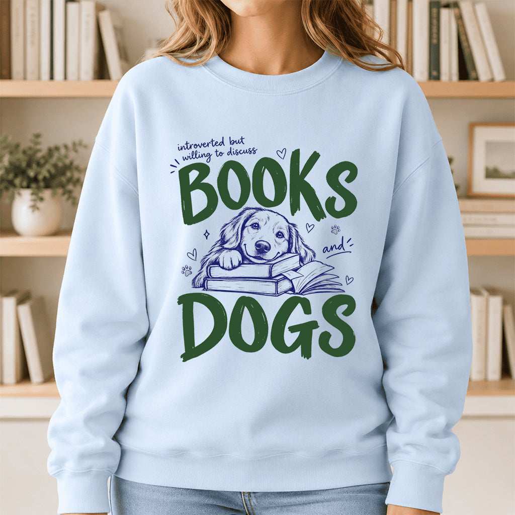Introverted But Willing To Discuss Books And Dogs Crewneck Sweatshirt | Dog Lover & Reader Gift Light Blue
