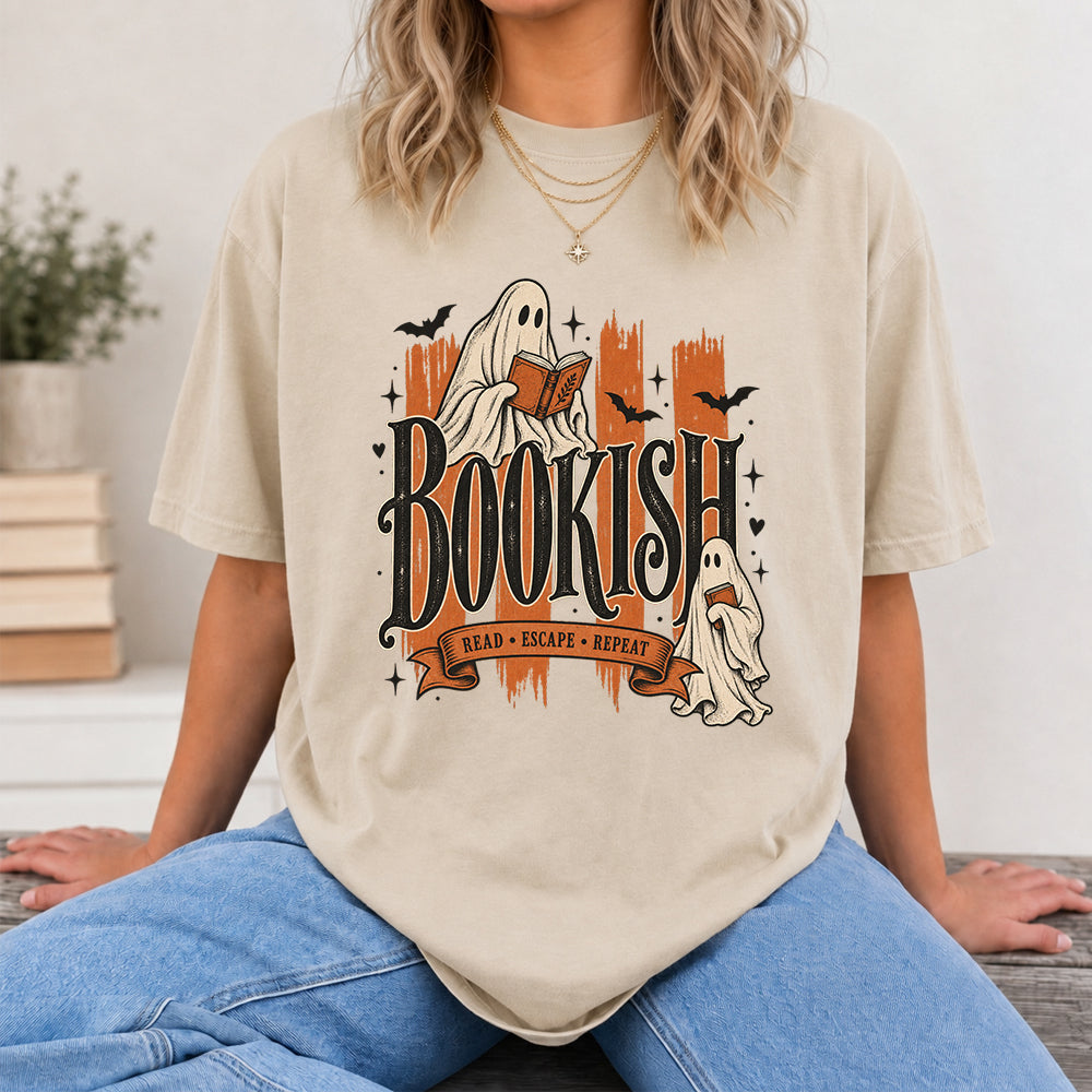Bookish Read Escape Repeat Printed T-Shirt | Halloween Book Lover Gift Sand